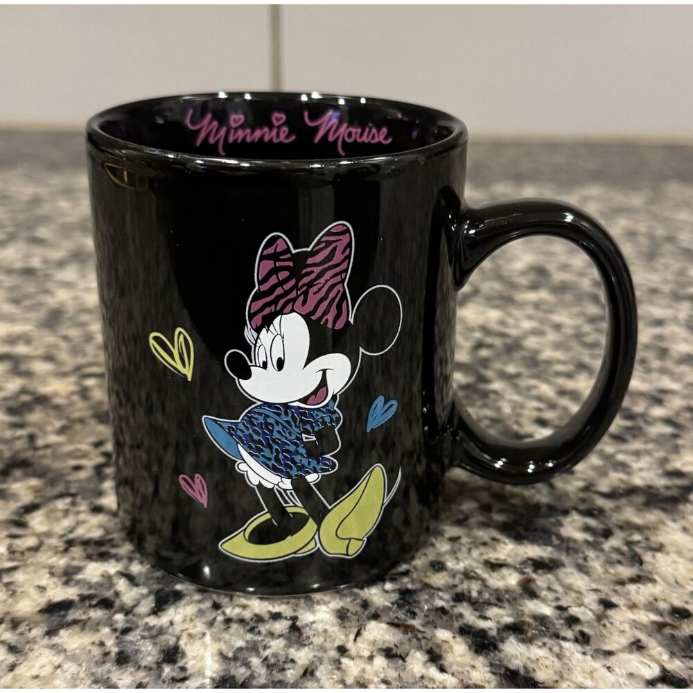 Disney Minnie Mouse Hearts Black Ceramic Coffee Cup 12 OZ Mug Double Sided